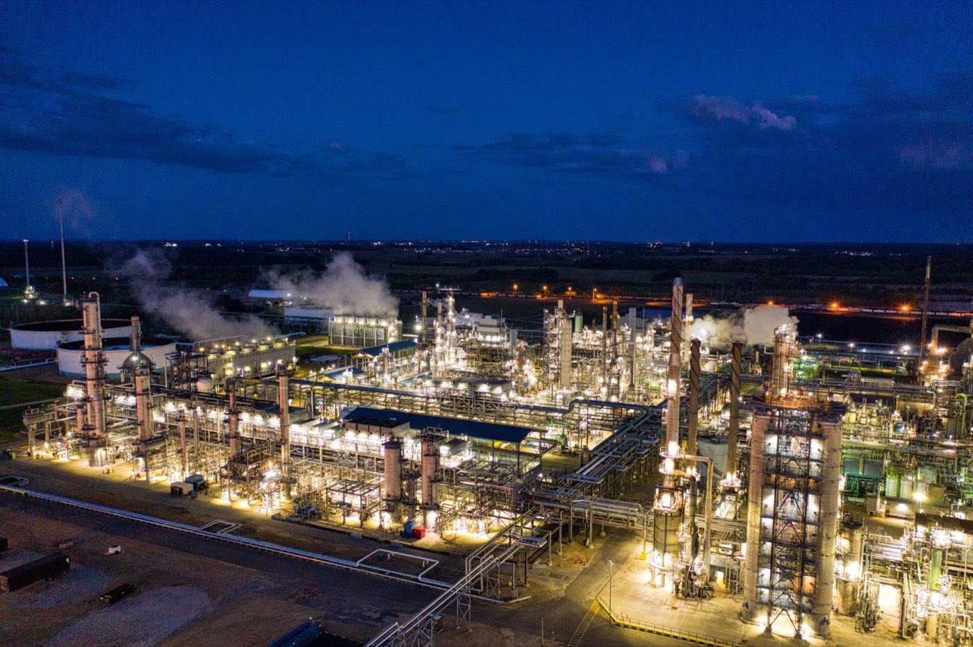 A process plant lit up at night