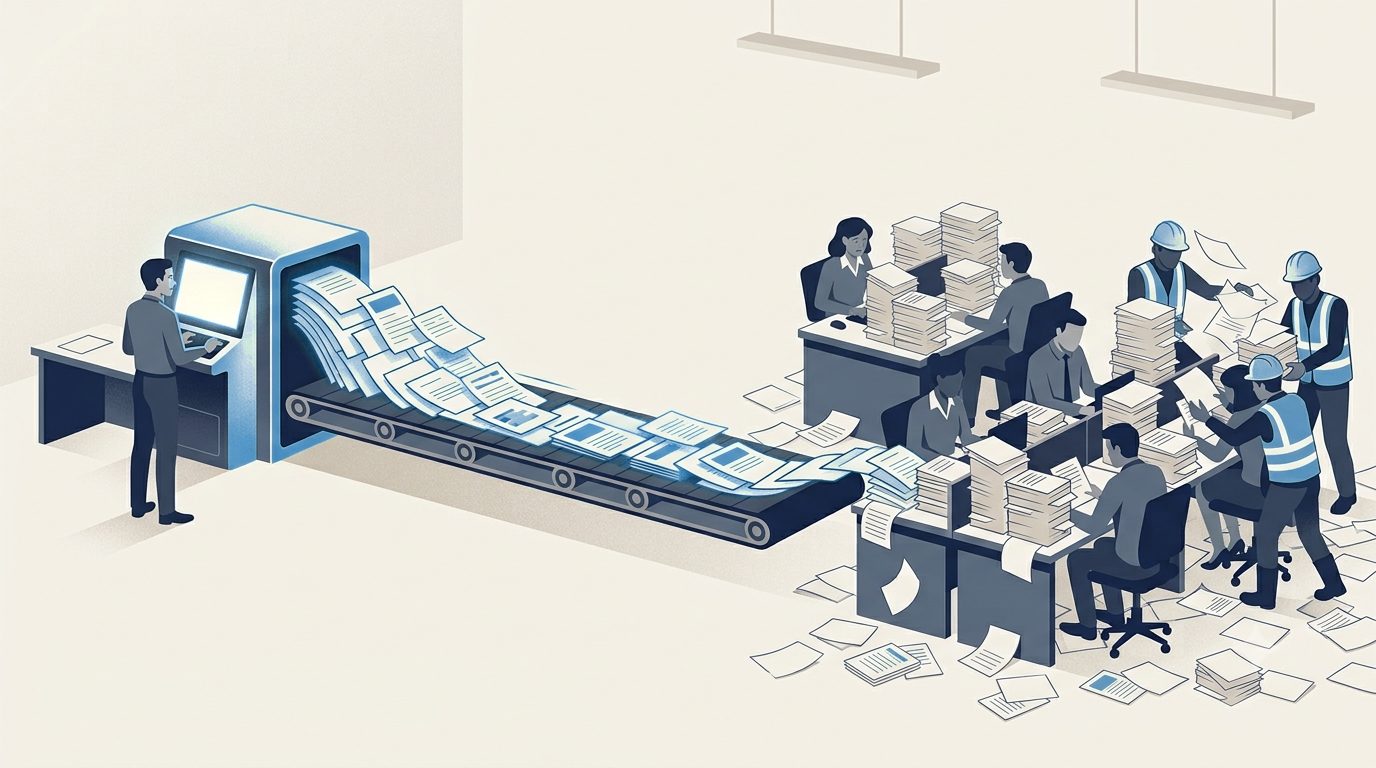 A single automated source producing more work than the team downstream can absorb, with paper piling up on every desk.
