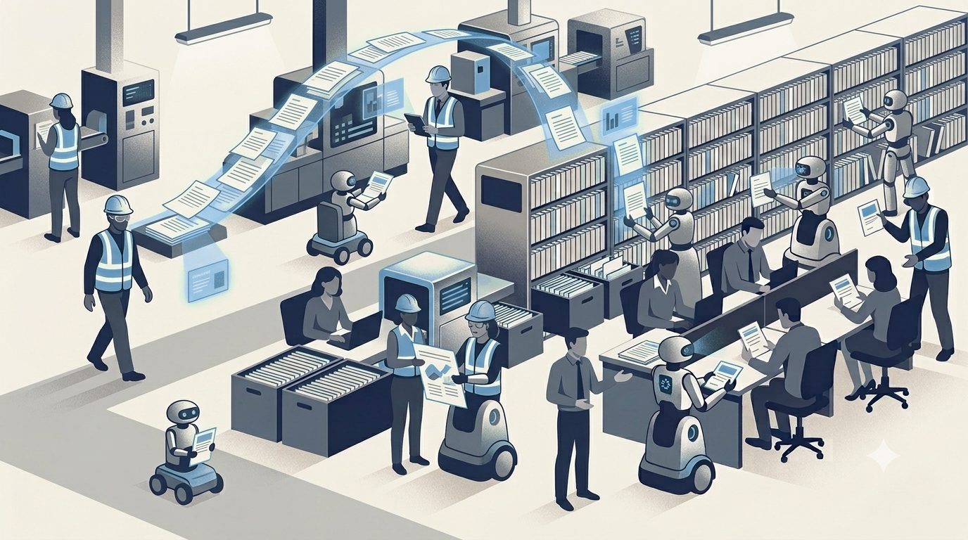 An operation running well, with automated output filed into an organized central library while people stay focused on their work